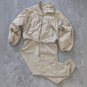 Beige Zip-Up Track Jacket and Pants Set